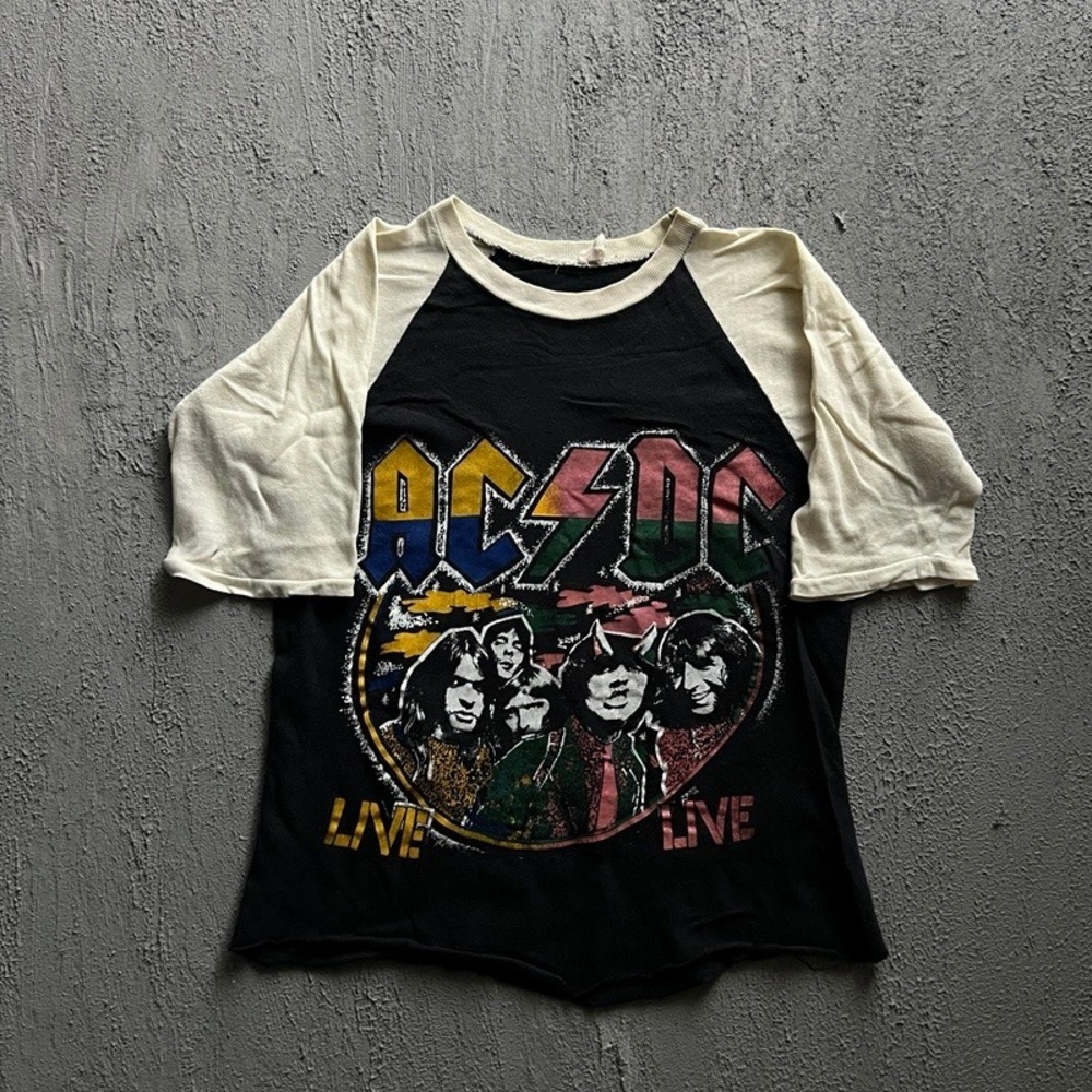 Vintage ACDC Shirt XS Black 1980s Raglan Back In Black